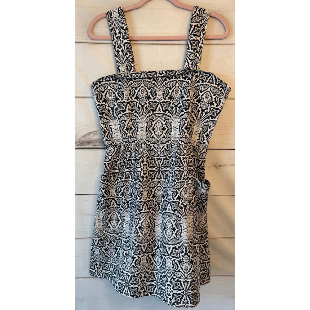 Never A Wallflower Black White Damask Paisley Cotton Mini Dress Pockets Size M